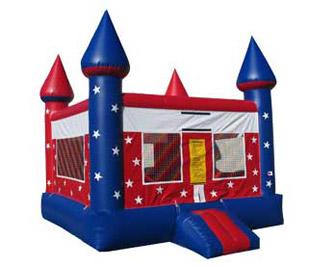 A red, white and blue inflatable castle.