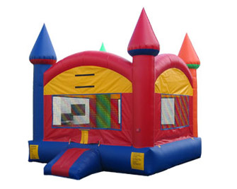 A red, yellow and blue inflatable castle.