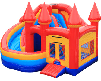 A red and yellow inflatable castle with water slide.