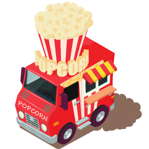 A red truck with popcorn on top of it.