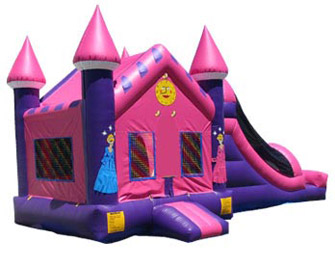 A pink and purple castle with slide.