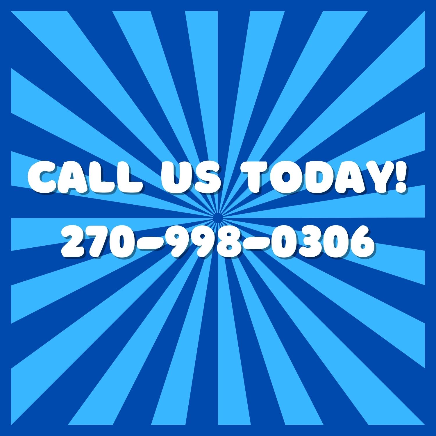 A blue and white graphic with the words " call us today !"