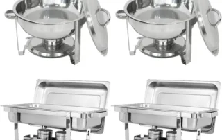 A set of four chafing dishes with lids.