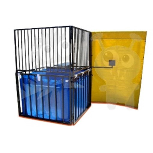 A cage with two blue plastic containers inside of it.